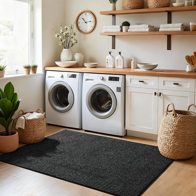 Softlife Faux Jute Washable Area Rug for Front Door Entryway, 3x5 Indoor Non Slip Small Mat for Kictchen Entry Bathroom, Small Solid Boho Natural Rugs for Inside Entrance Hallway, Black