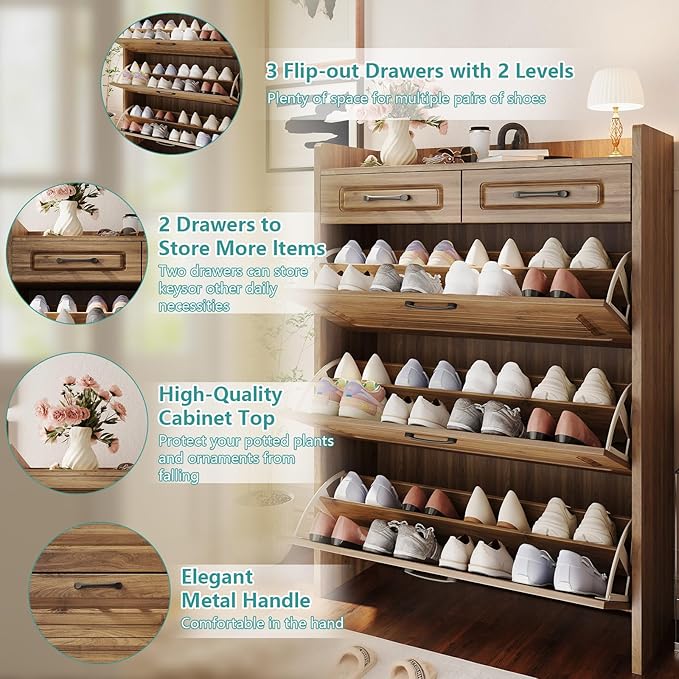 Shoe Cabinet with 3 Large Flip Drawers and 2 Storage Drawers, Narrow Shoe Organizer Cabinet Fits for Kinds of Shoes, Slim Shoe Storage Cabinet for Entryway, Hallway, Walnut