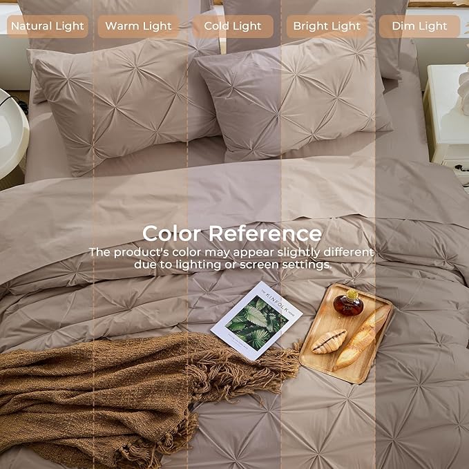Sasttie King Size Comforter Set, 7-Piece Bed in a Bag, Pintuck Bedding Set for All Season, Includes Comforter, Flat Sheet, Fitted Sheet, Pillowcases and Pillowshams, Dark Linen