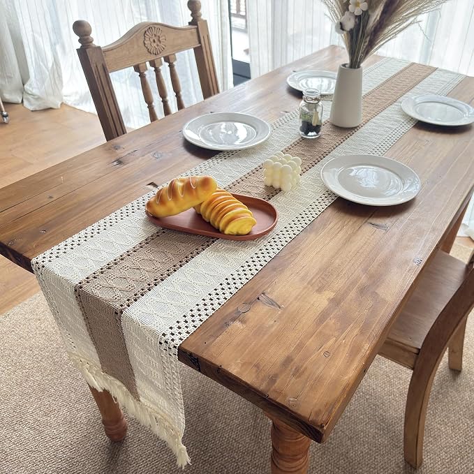Boho Table Runner for Home Decor with Tassels 90 Inches Long, Farmhouse Rustic Cream & Brown Table Runners for Kitchen Holiday Party and Wedding Decor Runner (12x90in, Fringe Included)