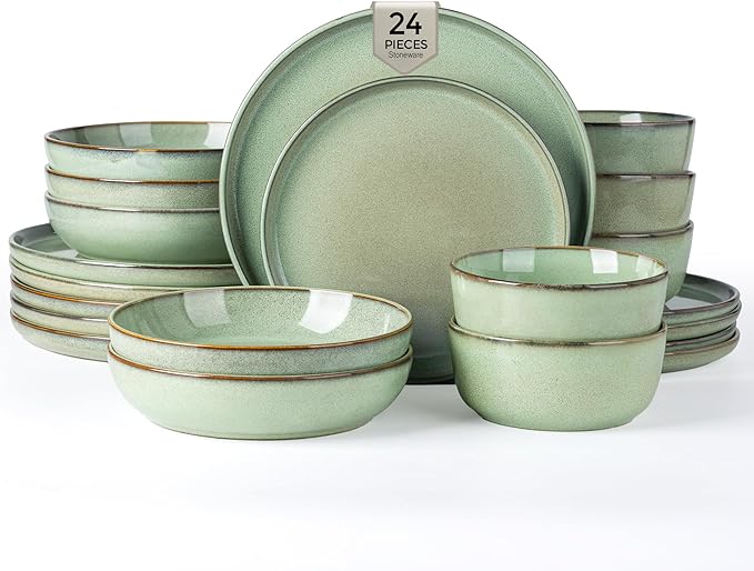 GBHOME 24 Pieces Double Bowls Dinnerware Sets for 6, Stoneware Plates and Bowls Set with Reactive Glaze, Scratch Resistant Stoneware Dishes Set, Dishwasher & Microwave Safe