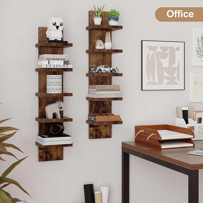 Fun Memories 5 Tier Wall Shelf Unit, Decorative Wall Mount Vertical Shelving, Floating Storage Home Decor Organizer Tall Tower Design Utility Shelving Bedroom Living Room, Brown 2Pack