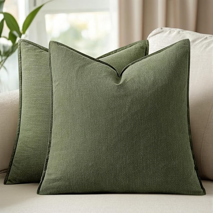 26x26 Inch Set of 2 Euro Sham Decorative Linen Solid Throw Pillow Covers Boho Accent Farmhouse Pillowcases Modern Netural Spring Home Decor for Bed Couch Sofa Living Room,Dark Olive Green