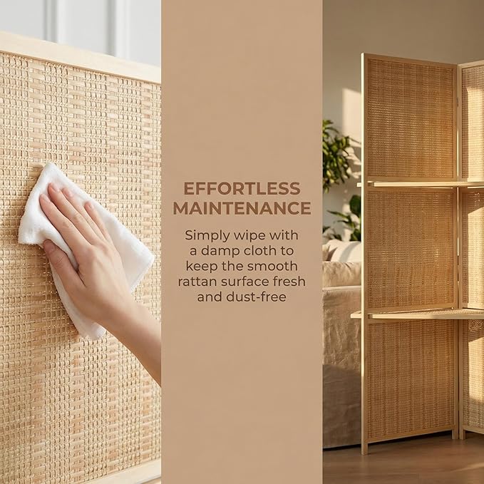 Bluecat 4 Panel Bamboo Room Divider with Shelves, Lightweight Privacy Screen for Bedroom Home Office, No Assembly Required, Brown Bamboo
