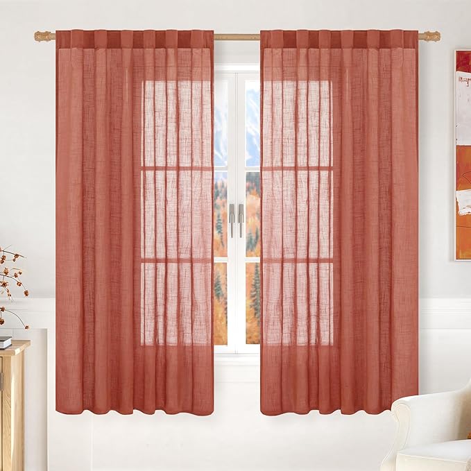 LAMIT Linen Semi Sheer Curtains 63 Inch Length 2 Panels, Light Filtering Neutral Boho Bedroom Panels Back Tab and Rod Pocket Fall Decor Drapes for Living Room/Farmhouse, Terracotta, 52 x 63 Inch