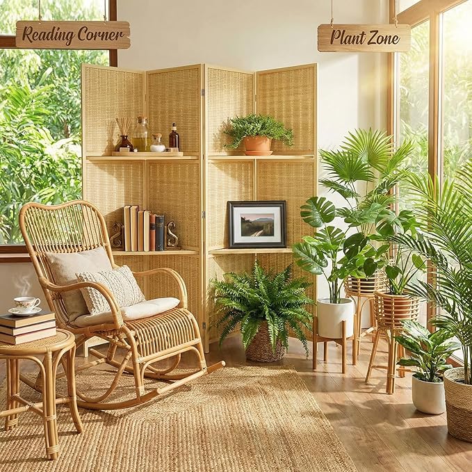 Bluecat 4 Panel Bamboo Room Divider with Shelves, Lightweight Privacy Screen for Bedroom Home Office, No Assembly Required, Natural Bamboo