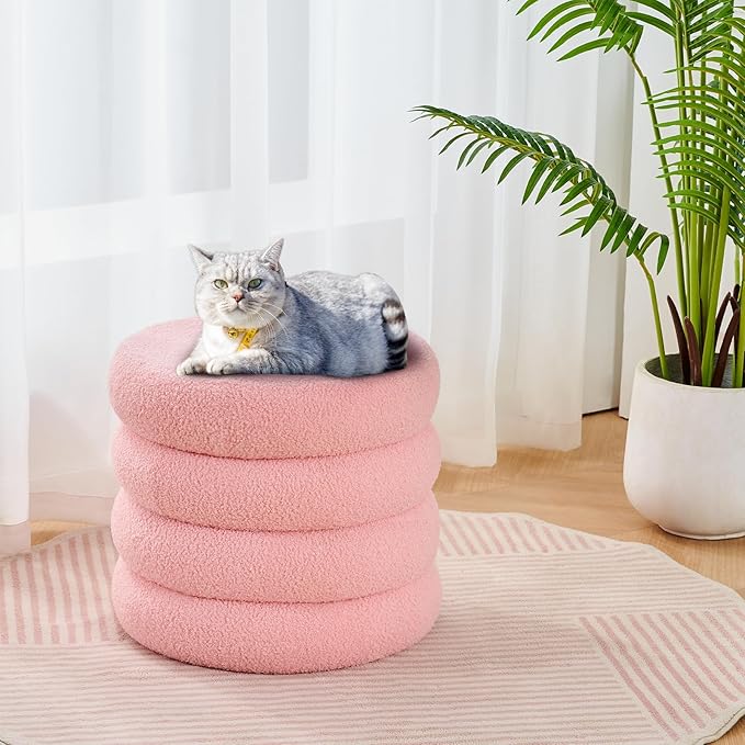 Wimarsbon Round Storage Ottoman, Modern Sherpa Footstool, Teddy Vanity Stool with Flip-Top Tray, Makeup Chair for Home Decor, Upholstered Footrest for Living Room & Bedroom (Pink L)