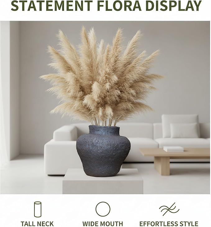 Rustic Wide Mouth Ceramic Flower Vase Vintage Farmhouse Style Decor, Frosted Texture Pottery for Home Decor, Modern Living Room, Office Desk Table Centerpiece (Black) 5.5IN