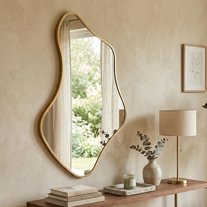 Asymmetrical Wall Mirror, Irregular Shaped Frameless Vanity Mirror, Modern Decorative Mirror for Entryway, Living Room, Bathroom (Gold, 43" L x 26" W)