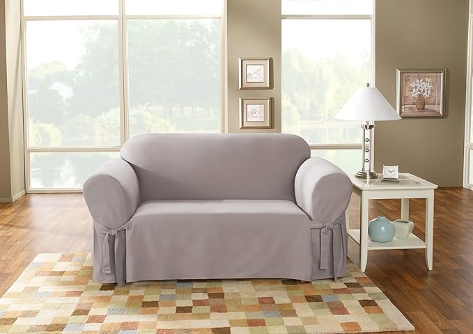 SureFit Cotton Duck Loveseat Box Cushion One Piece Slipcover, Furniture Cover, Relaxed Woven Fit, 100% Cotton, Machine Washable, Gray
