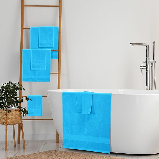 Belizzi Home 8 Piece Towel Set 100% Ring Spun Cotton, 2 Bath Towels 27x54, 2 Hand Towels 16x28 and 4 Washcloths 13x13 - Ultra Soft Highly Absorbent Machine Washable Hotel Spa Quality - Turquoise Blue