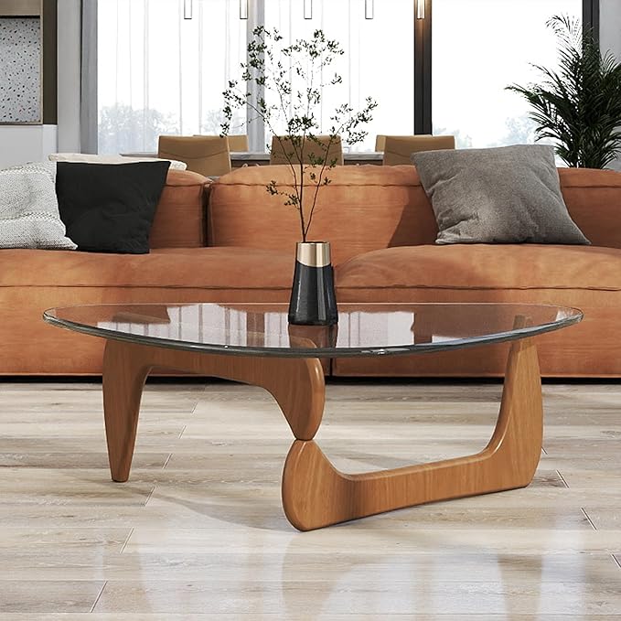 Coffee Table for Living Room &Small Space, 35.5″ Modern Glass Coffee Tables, Solid Wood Base, Triangle Tempered Glass Top, Curved Transitions, Funky Rustic Center Tables