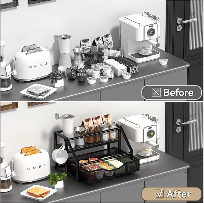 Coffee Syrup Rack Organizer, Syrup Bottle Holder Stand for Coffee Bar, 2-Tier 8 Bottles Storage Shelves for Syrup, Wine, Dressing for Kitchen Countertop, Black
