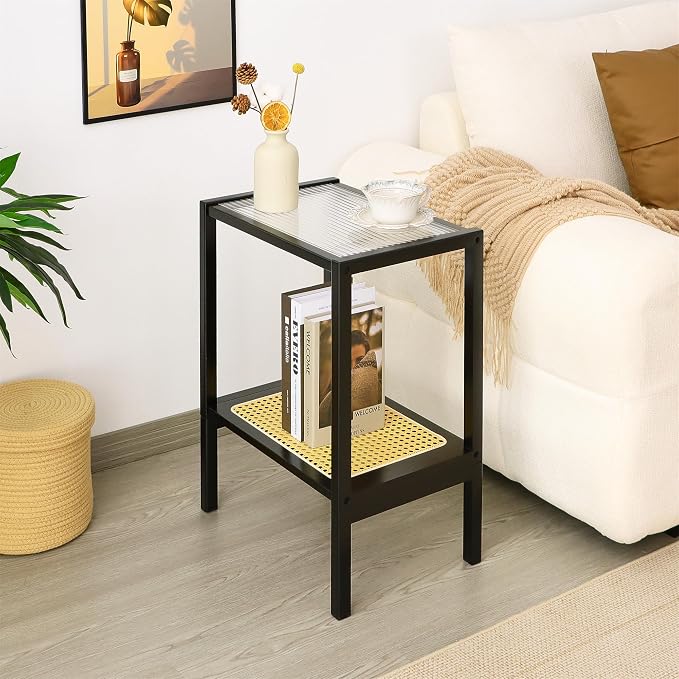 2-Tier Bamboo Side Table, Modern Glasstop Rattan Side Table, Mid Century Wood Sofa-Side End Tables for Living Room, Bedroom Night Stand with Storage, Small Narrow Coffee Tables, Black