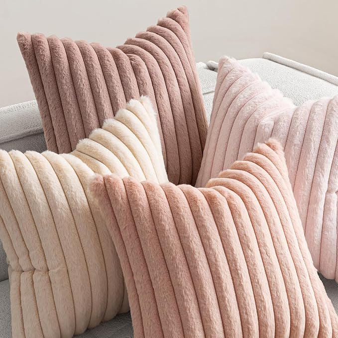 MIULEE Faux Fur Plush Decorative Throw Pillow Covers 20x20 Set of 4, Valentine's Day Cute Modern Soft Romantic Fuzzy Striped Cushion Covers Girl for Sofa Couch Bed Living Room Cozy Home Decor,Pink