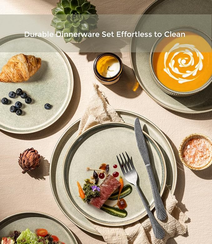 GBHOME 12-Piece Stoneware Dinnerware Set for 4 – Ribbed Ceramic Plates and Bowls, Scratch-Resistant, Microwave & Dishwasher Safe, Reactive Glaze, Desert Sage
