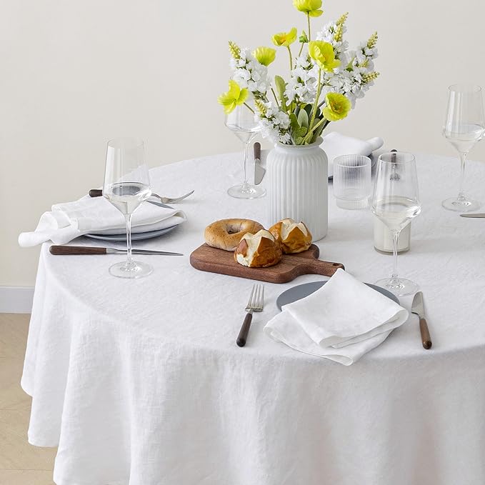 100% Pure French Linen Tablecloths,90Inches Round Table Clothes for Dining,Parties,Picnic,Events,Weddings and Restaurants (RO-White, Round - 90 Inch Dia)