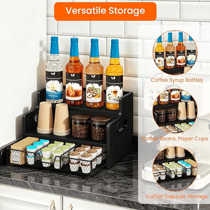 Homode Coffee Syrup Organizer Rack, 3-Tier Syrup Holder Stand with 35 K Cup Storage Drawer, 8 Bottles Capacity, Wood Shelf Liquor Wine Rack for Coffee Bar Countertop, Black