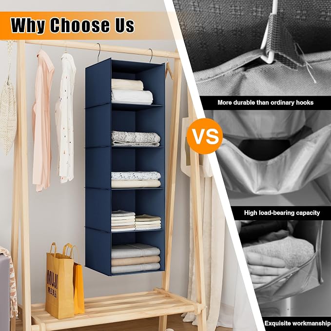 Hanging Closet Organizer and Storage 5-Shelf, Easy Mount Foldable Hanging Closet Wardrobe Storage Shelves, Clothes Handbag Shoes Accessories Storage, Washable Oxford Cloth Fabric, Navy Blue