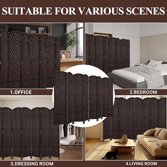 HALLYBEE Room Divider, Room Dividers and Folding Privacy Screens, 16in Privacy Screen, 8 Panel Temporary Wall Partitions, 6ft Space Separation Panel Screen, Dark Mocha