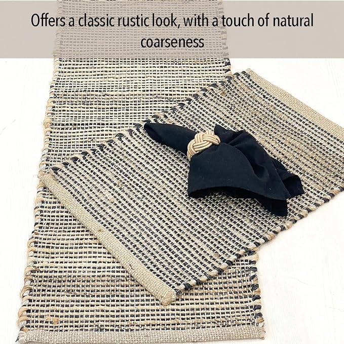 Chardin home Natural Jute Table Runner 13x36 Inch – Vintage Boho Rustic Table Decor – Handwoven Table Runner in Natural Jute and Black – Farmhouse Dining or Console Table Accent