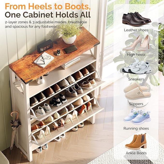 VINGLI Farmhouse Shoe Cabinet with 2 Flip Drawers, Slim Entryway Shoe Storage Organizer with Open Shelf, Freestanding Wood Shoe Rack for Hallway, Rustic White & Brown (31.5" W)