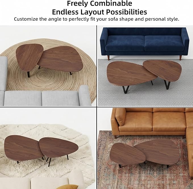 Nesting Coffee Table Set of 2-Mid Century Modern Guitar Pick Stacking Tables with Solid Wood Legs-Waterproof Triangle Center Side End Table for Small Living Room,Apartment,Balcony (Walnut)