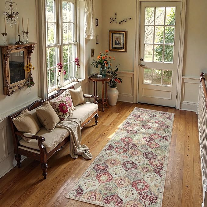 Lahome Moroccan Trellis Hallway Rug, 2x5 Washable Runner Rug Non Slip Kitchen Runners for Hallways, Ultra-Thin Vintage Carpet for Bedroom Bathroom Entryway Elise, Orange/Terracotta