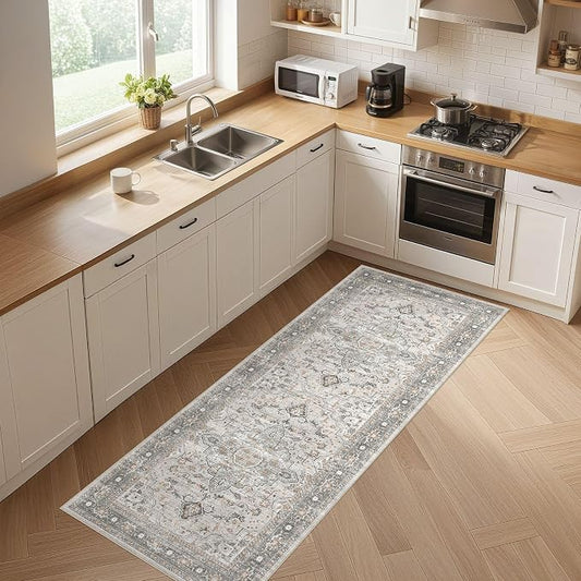 Runner Rug Kitchen Washable Rugs: 2x6 Non-Slip Boho Soft Vintage Stain Resistant Indoor Floor Neutral Farmhouse Throw Carpet for Hallway Bathroom Laundry Room Entryway Bedroom- Taupe