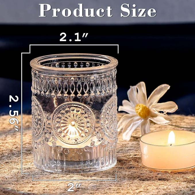 DARJEN 12PCS Clear Votive Candle Holders - Glass Candle Holder for Tea Light Candle, Embossed Tealight Candle Holder for Wedding Centerpiece, Living Room & Home Table Decor