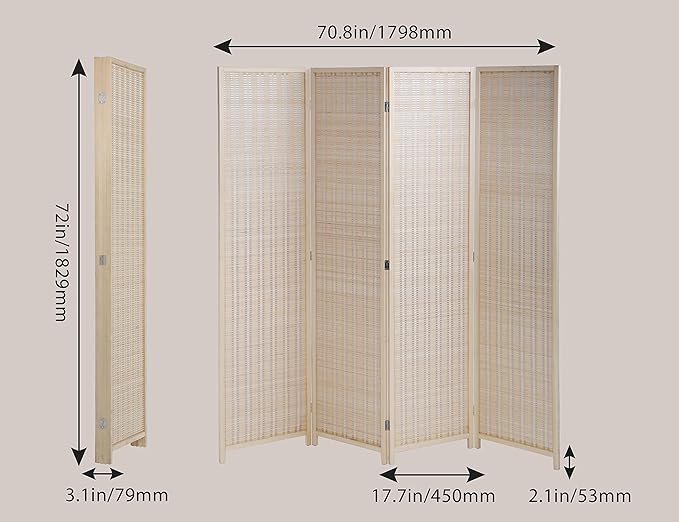 4 Panel Bamboo Room Divider 6 Ft Tall 6 Ft Wide Room Dividers and Folding Privacy Screens Privacy Wall Divider Folding Room Partitions and Dividers, Portable and Lightweight Separadores De Cuartos