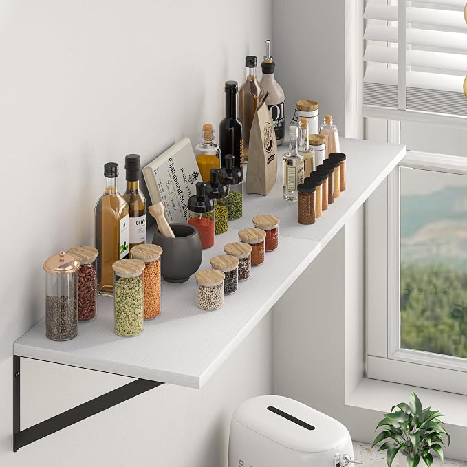 Heimlove White Deep Floating Shelves for Wall, 32W x 12D Wood Wall Shelves Set of 2, Wide Floating Bookshelf for Living Room, Kitchen, Office, Bedroom and Decor Storage, with Black Bracket - White