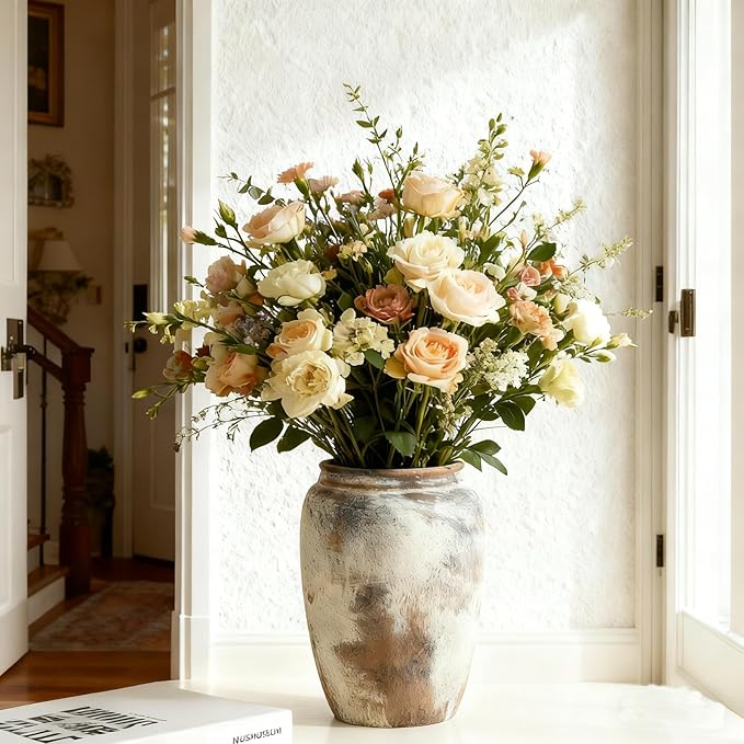 Handmade Rustic Farmhouse Ceramic Vase for Home Decor,Vintage Pottery Vase for Dried Flowers,Distressed White Table Centerpiece Terracotta Vase,8.3 Inches Tall