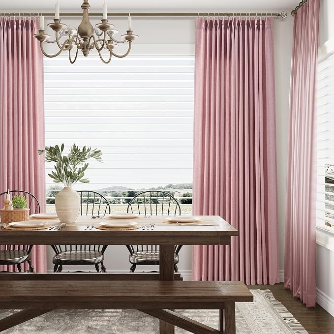 Pink Pinch Pleated Long Linen Curtains 120 Inch 2 Panels for Living Room Bedroom Sliding Glass Door Curtain Privacy Light Filtering Windows Treatment Farmhouse Neutral Rustic Decorations 40x120