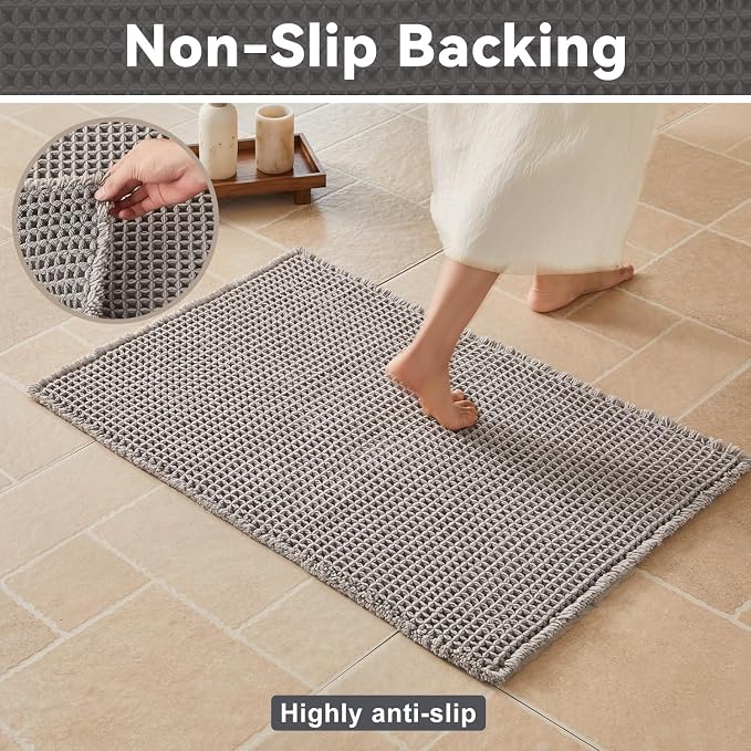 Triohero Waffle Bath Mat, Small Boho Bathroom Rugs Non Slip Washable, Ultra Soft Super Absorbent Quick Dry Farmhouse Bathroom Decor, 16" x 24", Light Grey
