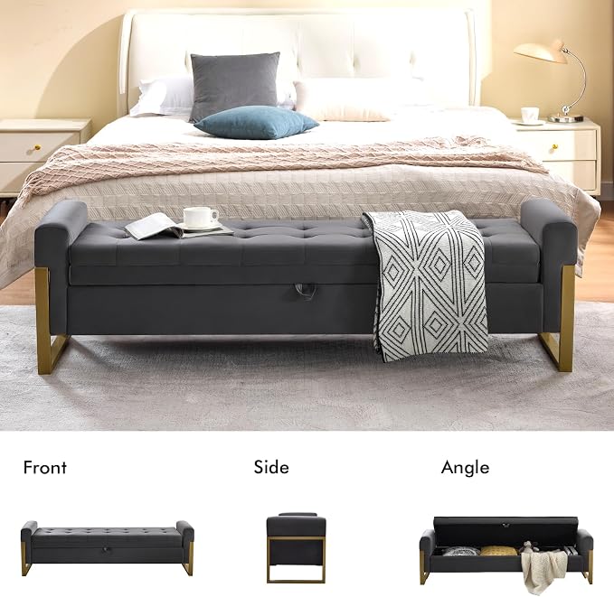67" End of Bed Storage Bench King Size, Velvet Storage Bench for Bedroom Foot of Bed, Upholstered Storage Ottoman Bench with Gold Legs for Window Living Room Entryway, Dark Grey