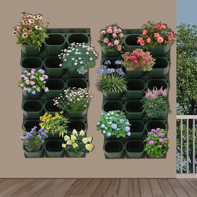 Vertical Wall Planter with 36 Pots, Hanging Garden Plant Flowerpot Holder, Stackable Wall-Mounted Planter, Balcony Planters for Flowers Vegetables Fruits (Army Green, 36 Pots)