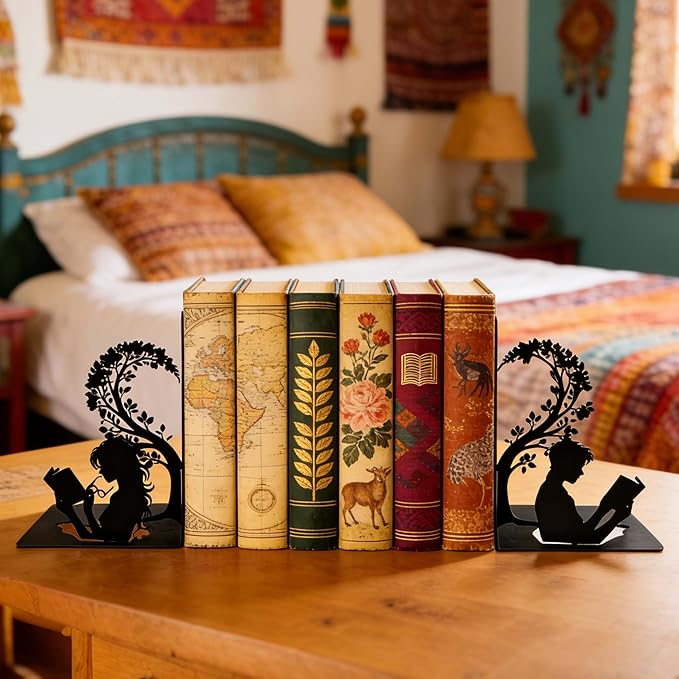 Matte Black Iron Decorative Bookends for Shelves, Couple Reading Tree Design Book Ends Decorative, Book Ends for Heavy Books, Unique Bookends for Home Office Shelves, 7.9 x 1.2 x 5.9 Inches