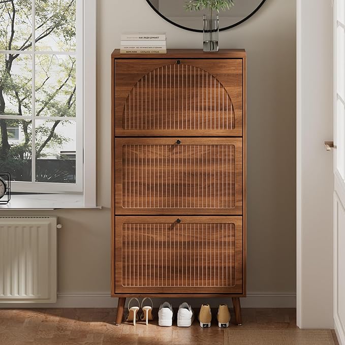 Fsbecl Shoe Storage Cabinet for Entryway with 3 Flip Drawers, Narrow Shoe Organizer with Fluted Panel, Freestanding Wood Hidden Shoe Cabinet for Hallway (Walnut, 23.6''W, Double Layer)