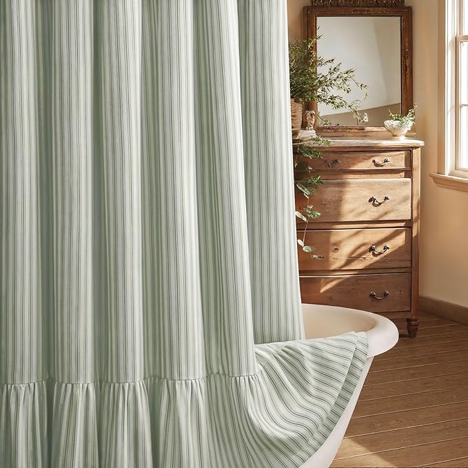 Farmhouse Shower Curtain with Ruffle Hem Linen Shower Curtains for Bathroom Country Vintage Rustic Natural Fabric, White-Green Stripe 72" W x 72" L