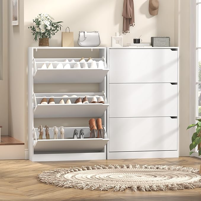 Wodeer Shoe Storage Cabinet with 3 Flip Drawers, Slim Hidden Wood Shoe Cabinet Storage for Entryway, Freestanding Narrow Shoe Rack Organizer with Adjustable Shelves for Foyer, Hallway, White