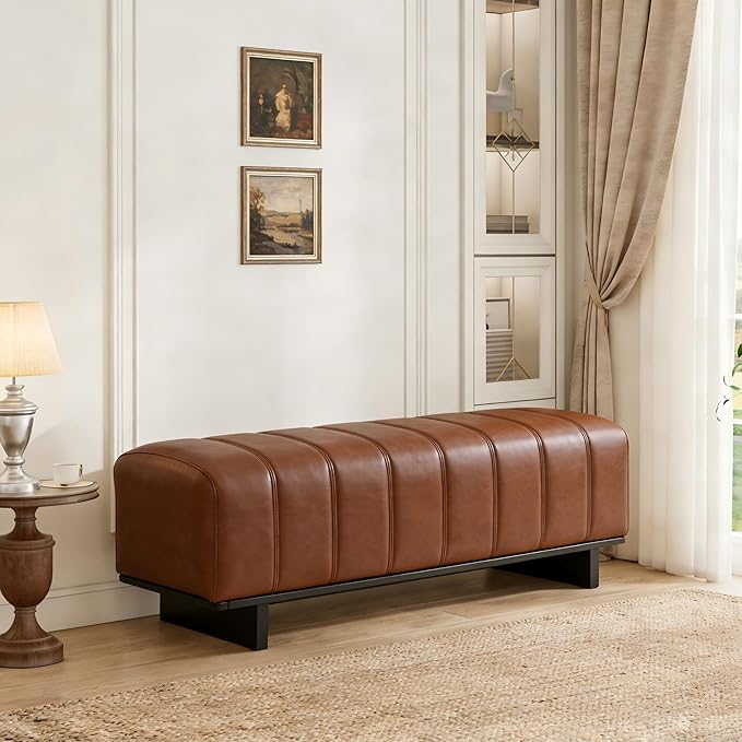 Christopher Knight Home Lamie Faux Leather Upholstered Dining Bench, Wooden Entryway Bench, Long Sofa Footstool for Living Room, Bedroom End of Bed Bench, Brown+Black