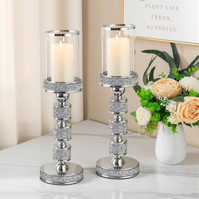 Hurricane Candle Holder, 15.9" Tall Metal Candle Stand, Glass Pillar Candle Holders, Crystal Silver Decorative Centerpieces for Table, Wedding and Dining Room (Fits Candles up to 3"x5", 2pcs, L)