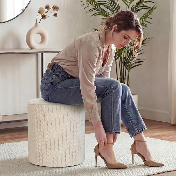 Modern Round Vanity Stool, Small Wheat Pattern Ottoman, Cute Velvet Foot Stool, Tufted Fabric Footrest, Upholstered Vanity Chair, Stool for Makeup, Bedroom, Living Room (1PCS, Wheat Pattern-Beige)