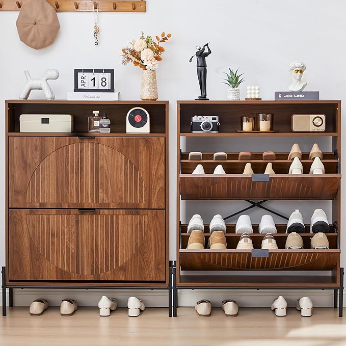 FurSch Fluted Shoe Cabinet with 2 Flip Drawers, Narrow Shoes Storage Organizer Rack with Circle Design Panel for Entryway Hallway (Walnut)