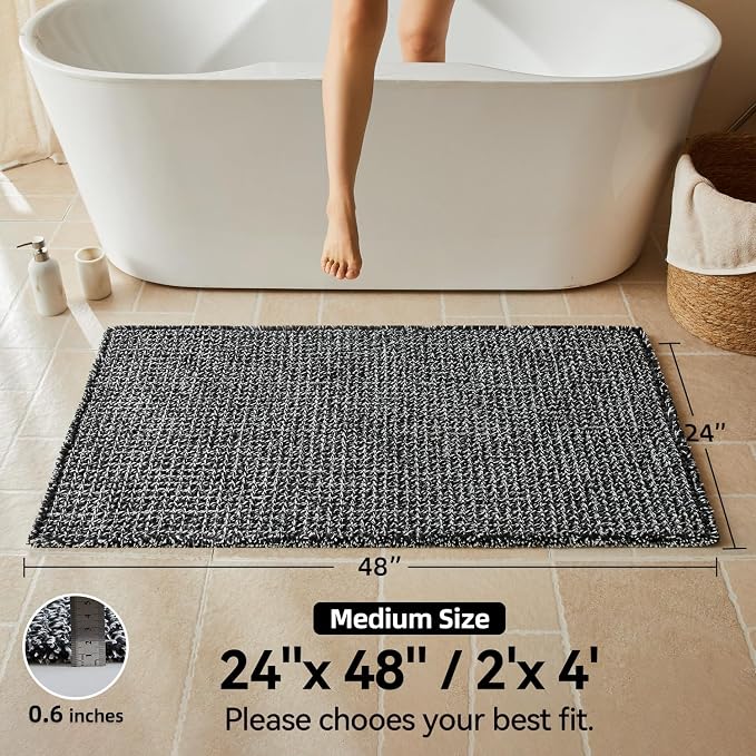 Triohero Waffle Bath Mat, Boho Bathroom Rugs Non Slip Washable, Ultra Soft Super Absorbent Quick Dry Farmhouse Bathroom Decor, 24" x 48", Black & White