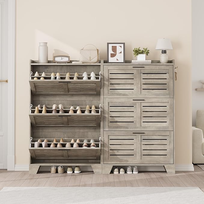 IDEALHOSUE Shoe Cabinet Storage for Entryway, Slim Shoe Storage Cabinet with 3 Flip Drawers, Freestanding Hidden Narrow Shoe Organizer Cabinet with Hooks for Entrance, Foyer, Hallway, Gray