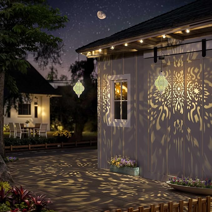 Hapjoy Hanging Solar Lights Outdoor Garden Decor Solar Lantern Waterproof Plastic Moroccan Outdoor Decorations for Patio Pathway Yard Backyard Garden Decorative (2, White)