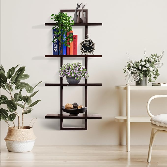 PHOENANCEE Floating Shelves for Wall,Display Hanging Shelf Set of 2,Modern Decorative Plants Shelves,Wood Home Decor Storage Chic for Living Room Bedroom Bathroom Office,Oak Frame,2-Tier (Walnut