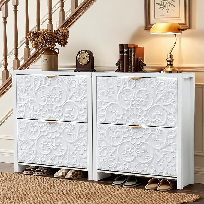 weselon Shoe Cabinet with Flip Drawers, Narrow Shoe Storage Cabinet, 2-Tier Hidden Shoe Organizer with Carved Floral for Entryway, Mid-Century Modern Slim Shoes Storage for Hallway Foyer (1, White)